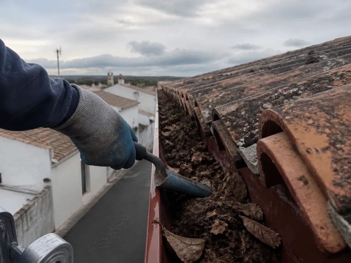 Mano con guante retirando hojas secas y barro de un canalón en el alero de un tejado de teja
